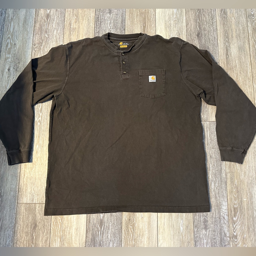 Carhartt Men's Dark Brown Long Sleeve Henley Tee With Pocket